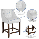 Carmel Series 24" High Transitional Tufted Walnut Counter Height Stool with Accent Nail Trim in White LeatherSoft