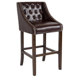 Carmel Series 30" High Transitional Tufted Walnut Barstool with Accent Nail Trim in Brown LeatherSoft