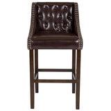 Carmel Series 30" High Transitional Tufted Walnut Barstool with Accent Nail Trim in Brown LeatherSoft