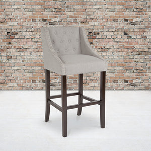 Carmel Series 30" High Transitional Tufted Walnut Barstool with Accent Nail Trim in Light Gray Fabric by Office Chairs PLUS