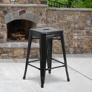 Commercial Grade 24" High Backless Black Metal Indoor-Outdoor Counter Height Stool with Square Seat by Office Chairs PLUS