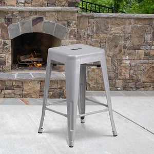 Commercial Grade 24" High Backless Silver Metal Indoor-Outdoor Counter Height Stool with Square Seat by Office Chairs PLUS