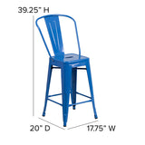 Commercial Grade 24" High Blue Metal Indoor-Outdoor Counter Height Stool with Removable Back