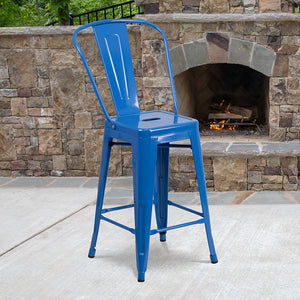 Commercial Grade 24" High Blue Metal Indoor-Outdoor Counter Height Stool with Removable Back by Office Chairs PLUS