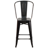 Commercial Grade 24" High Black-Antique Gold Metal Indoor-Outdoor Counter Height Stool with Removable Back