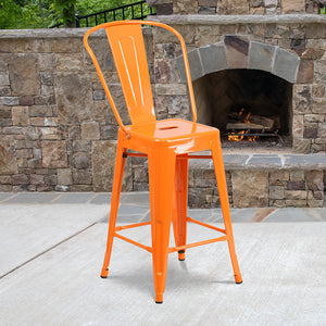 Commercial Grade 24" High Orange Metal Indoor-Outdoor Counter Height Stool with Removable Back by Office Chairs PLUS