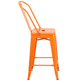 Commercial Grade 24" High Orange Metal Indoor-Outdoor Counter Height Stool with Removable Back