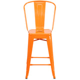 Commercial Grade 24" High Orange Metal Indoor-Outdoor Counter Height Stool with Removable Back