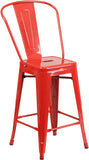 Commercial Grade 24" High Red Metal Indoor-Outdoor Counter Height Stool with Removable Back