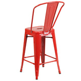 Commercial Grade 24" High Red Metal Indoor-Outdoor Counter Height Stool with Removable Back