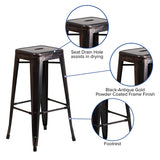 Commercial Grade 30" High Backless Black-Antique Gold Metal Indoor-Outdoor Barstool with Square Seat