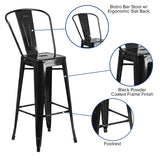 Commercial Grade 30" High Black Metal Indoor-Outdoor Barstool with Removable Back