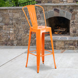Commercial Grade 30" High Orange Metal Indoor-Outdoor Barstool with Removable Back by Office Chairs PLUS