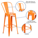 Commercial Grade 30" High Orange Metal Indoor-Outdoor Barstool with Removable Back