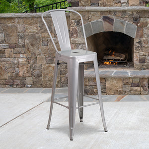 Commercial Grade 30" High Silver Metal Indoor-Outdoor Barstool with Removable Back by Office Chairs PLUS