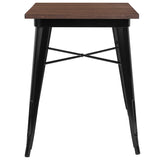 23.5" Square Black Metal Indoor Table with Walnut Rustic Wood Top