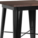 23.5" Square Black Metal Indoor Bar Height Table with Walnut Rustic Wood Top