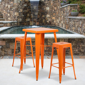 Commercial Grade 23.75" Square Orange Metal Indoor-Outdoor Bar Table Set with 2 Square Seat Backless Stools by Office Chairs PLUS