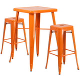 Commercial Grade 23.75" Square Orange Metal Indoor-Outdoor Bar Table Set with 2 Square Seat Backless Stools