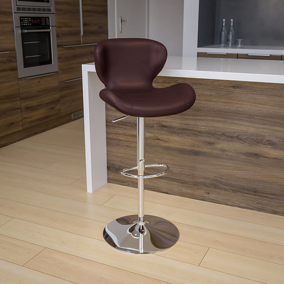 Contemporary Brown Vinyl Adjustable Height Barstool with Curved Back and Chrome Base by Office Chairs PLUS
