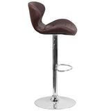 Contemporary Brown Vinyl Adjustable Height Barstool with Curved Back and Chrome Base