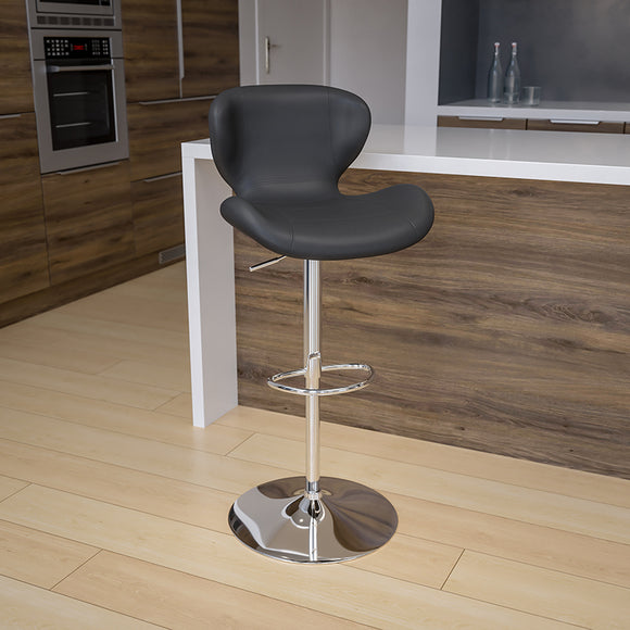 Contemporary Gray Vinyl Adjustable Height Barstool with Curved Back and Chrome Base by Office Chairs PLUS