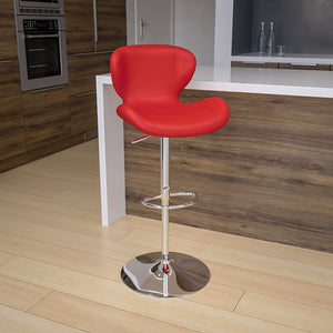 Contemporary Red Vinyl Adjustable Height Barstool with Curved Back and Chrome Base by Office Chairs PLUS