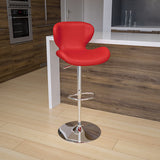 Contemporary Red Vinyl Adjustable Height Barstool with Curved Back and Chrome Base by Office Chairs PLUS