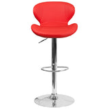 Contemporary Red Vinyl Adjustable Height Barstool with Curved Back and Chrome Base