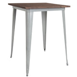 31.5" Square Silver Metal Indoor Bar Height Table with Walnut Rustic Wood Top by Office Chairs PLUS