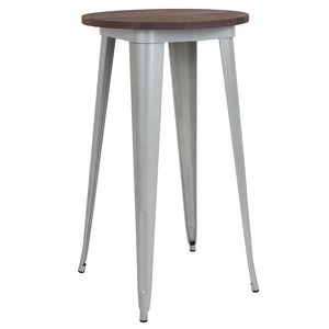 24" Round Silver Metal Indoor Bar Height Table with Walnut Rustic Wood Top by Office Chairs PLUS