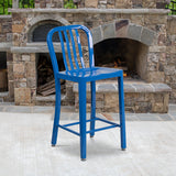 Commercial Grade 24" High Blue Metal Indoor-Outdoor Counter Height Stool with Vertical Slat Back by Office Chairs PLUS