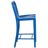 Commercial Grade 24" High Blue Metal Indoor-Outdoor Counter Height Stool with Vertical Slat Back