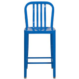 Commercial Grade 24" High Blue Metal Indoor-Outdoor Counter Height Stool with Vertical Slat Back