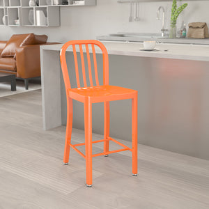 Commercial Grade 24" High Orange Metal Indoor-Outdoor Counter Height Stool with Vertical Slat Back by Office Chairs PLUS