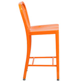 Commercial Grade 24" High Orange Metal Indoor-Outdoor Counter Height Stool with Vertical Slat Back