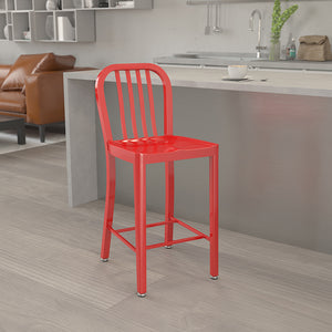 Commercial Grade 24" High Red Metal Indoor-Outdoor Counter Height Stool with Vertical Slat Back by Office Chairs PLUS