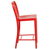 Commercial Grade 24" High Red Metal Indoor-Outdoor Counter Height Stool with Vertical Slat Back