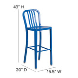 Commercial Grade 30" High Blue Metal Indoor-Outdoor Barstool with Vertical Slat Back