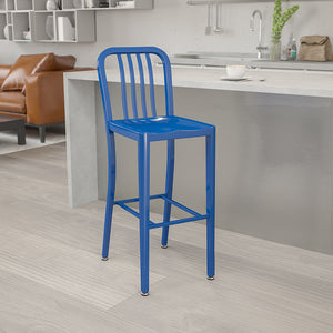 Commercial Grade 30" High Blue Metal Indoor-Outdoor Barstool with Vertical Slat Back by Office Chairs PLUS