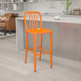 Commercial Grade 30" High Orange Metal Indoor-Outdoor Barstool with Vertical Slat Back by Office Chairs PLUS