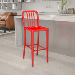 Commercial Grade 30" High Red Metal Indoor-Outdoor Barstool with Vertical Slat Back by Office Chairs PLUS