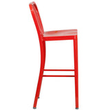 Commercial Grade 30" High Red Metal Indoor-Outdoor Barstool with Vertical Slat Back