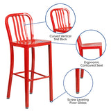 Commercial Grade 30" High Red Metal Indoor-Outdoor Barstool with Vertical Slat Back