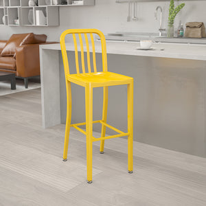 Commercial Grade 30" High Yellow Metal Indoor-Outdoor Barstool with Vertical Slat Back by Office Chairs PLUS