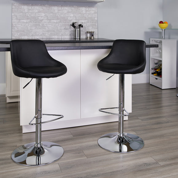 Contemporary Black Vinyl Bucket Seat Adjustable Height Barstool with Chrome Base by Office Chairs PLUS