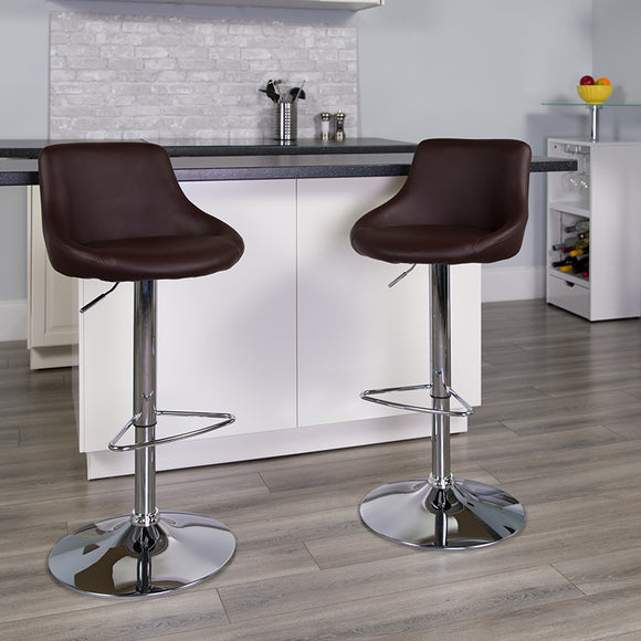 Contemporary Brown Vinyl Bucket Seat Adjustable Height Barstool with Chrome Base by Office Chairs PLUS