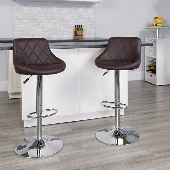 Contemporary Brown Vinyl Bucket Seat Adjustable Height Barstool with Diamond Pattern Back and Chrome Base by Office Chairs PLUS