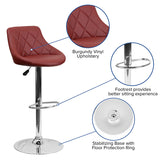 Contemporary Burgundy Vinyl Bucket Seat Adjustable Height Barstool with Diamond Pattern Back and Chrome Base