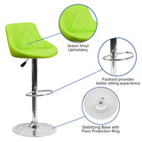 Contemporary Green Vinyl Bucket Seat Adjustable Height Barstool with Diamond Pattern Back and Chrome Base
